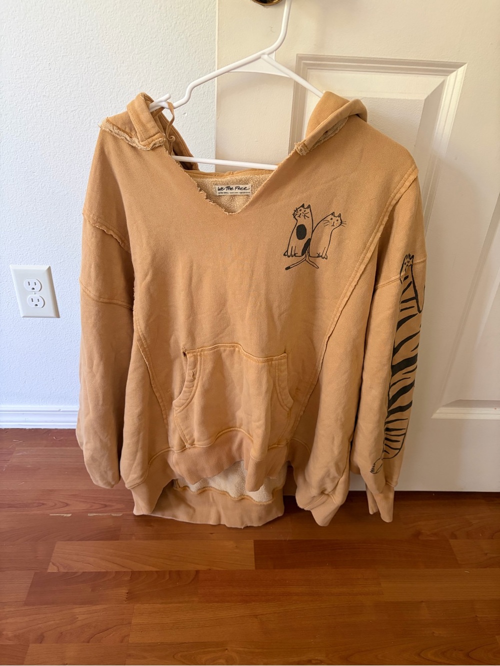 We The Free Tan V-Neck Hooded Sweater with Cat Graphic